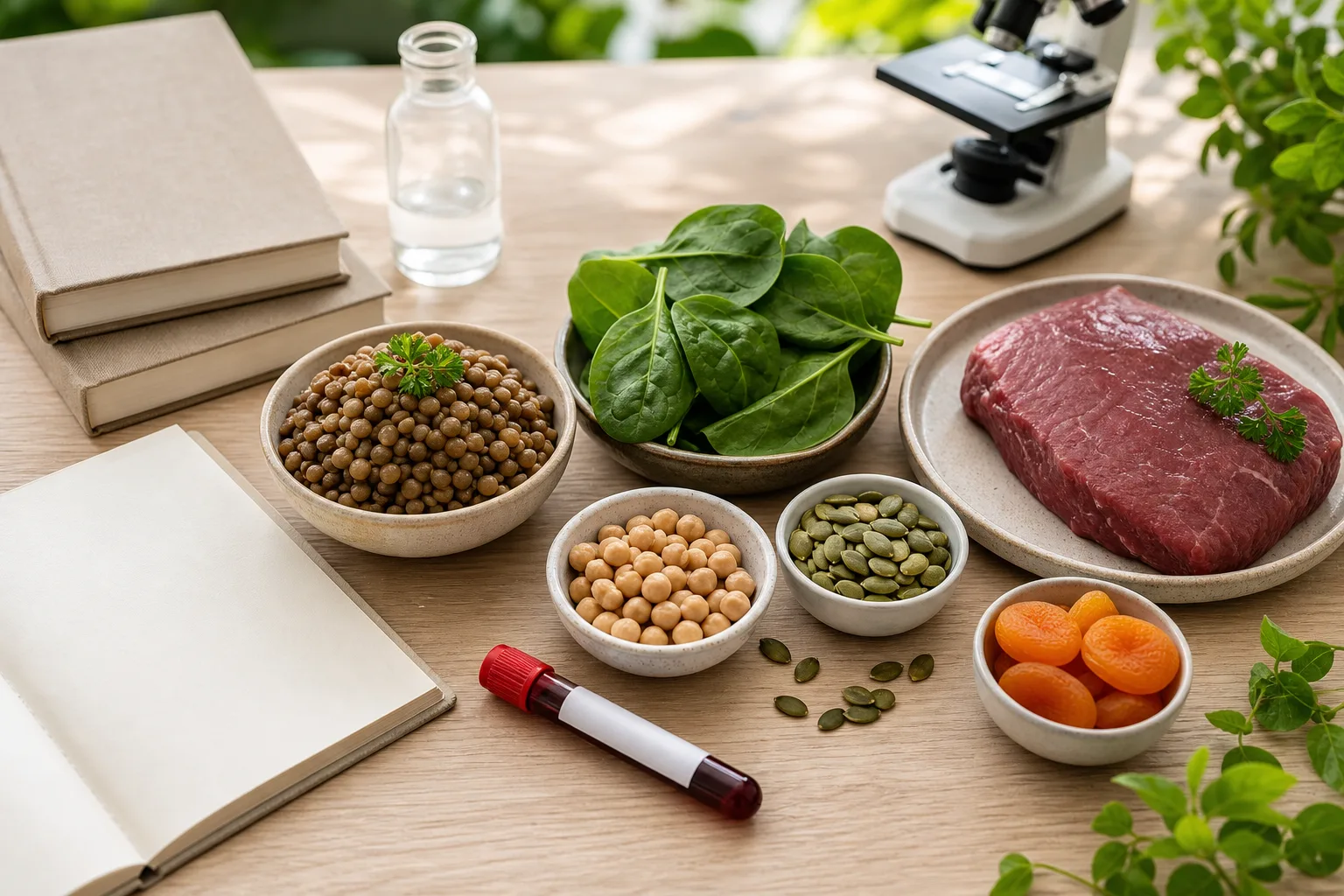 Lentilles, viande rouge et légumes verts évoquant les apports en fer