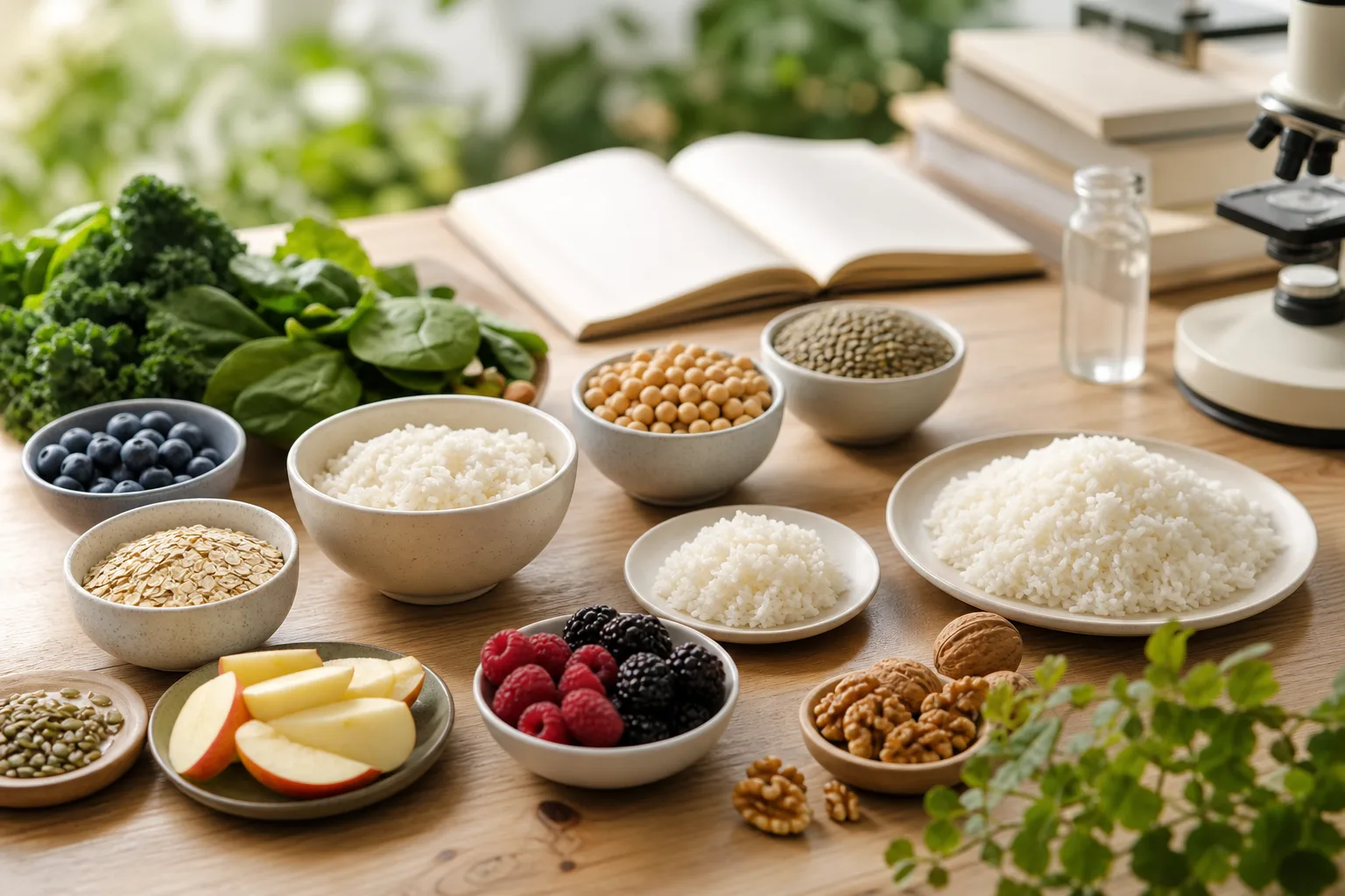 Pain complet, légumineuses et fruits évoquant la qualité des glucides