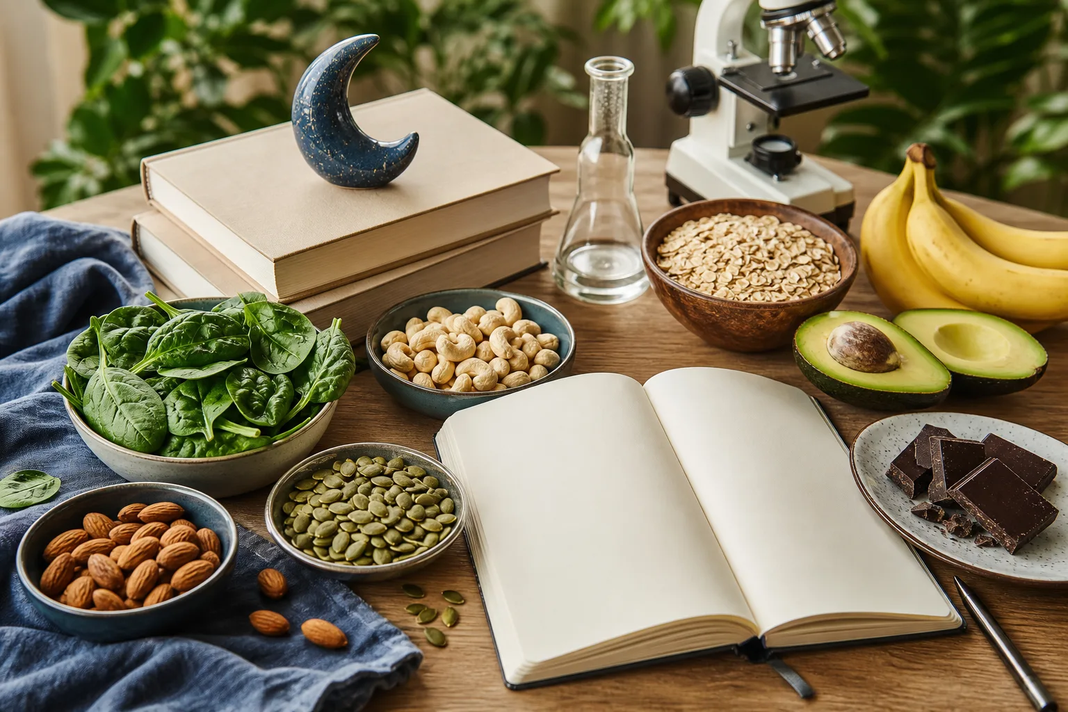Aliments riches en magnésium disposés sur un plan de travail naturel