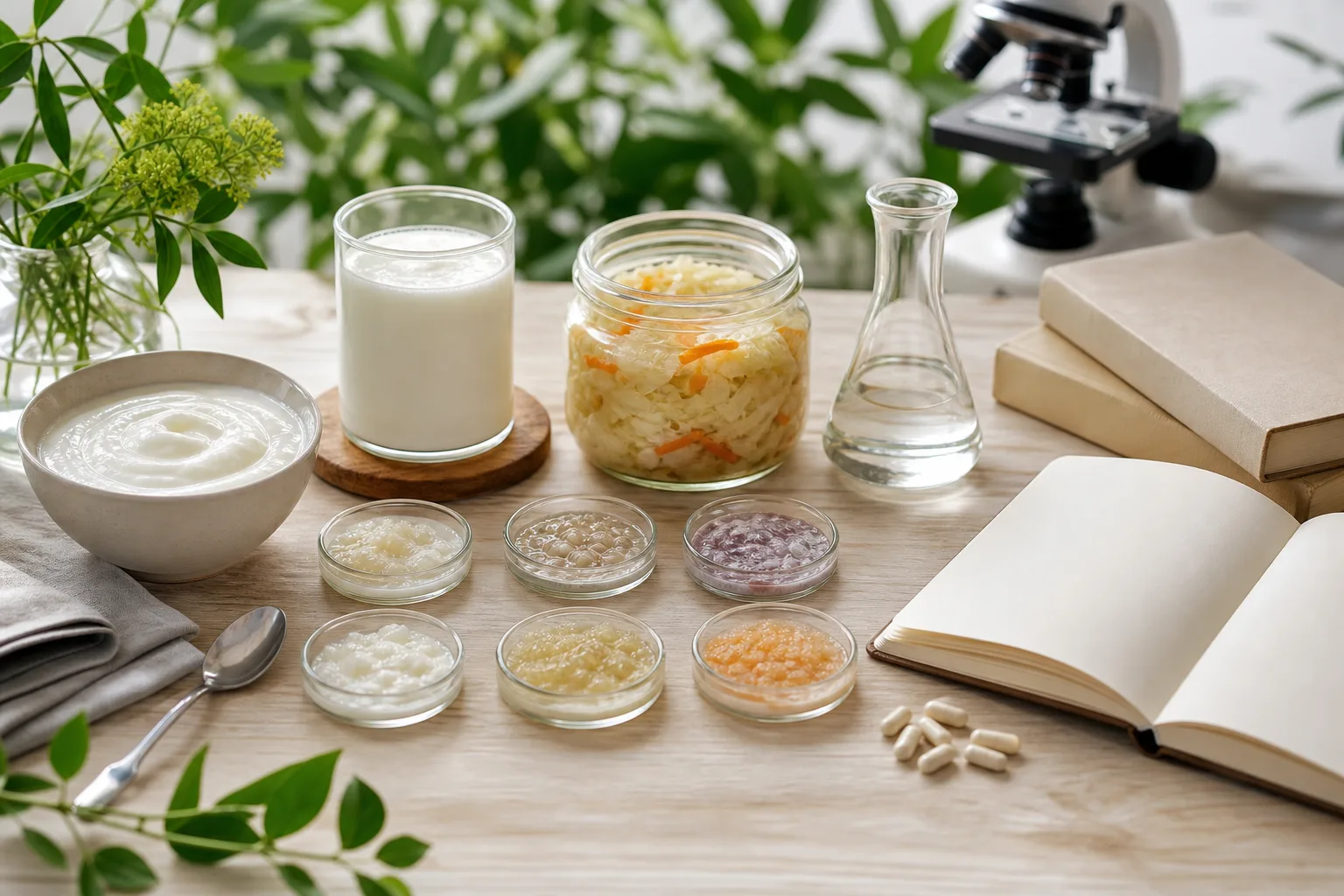 Aliments fermentés et gélules évoquant la diversité des souches probiotiques