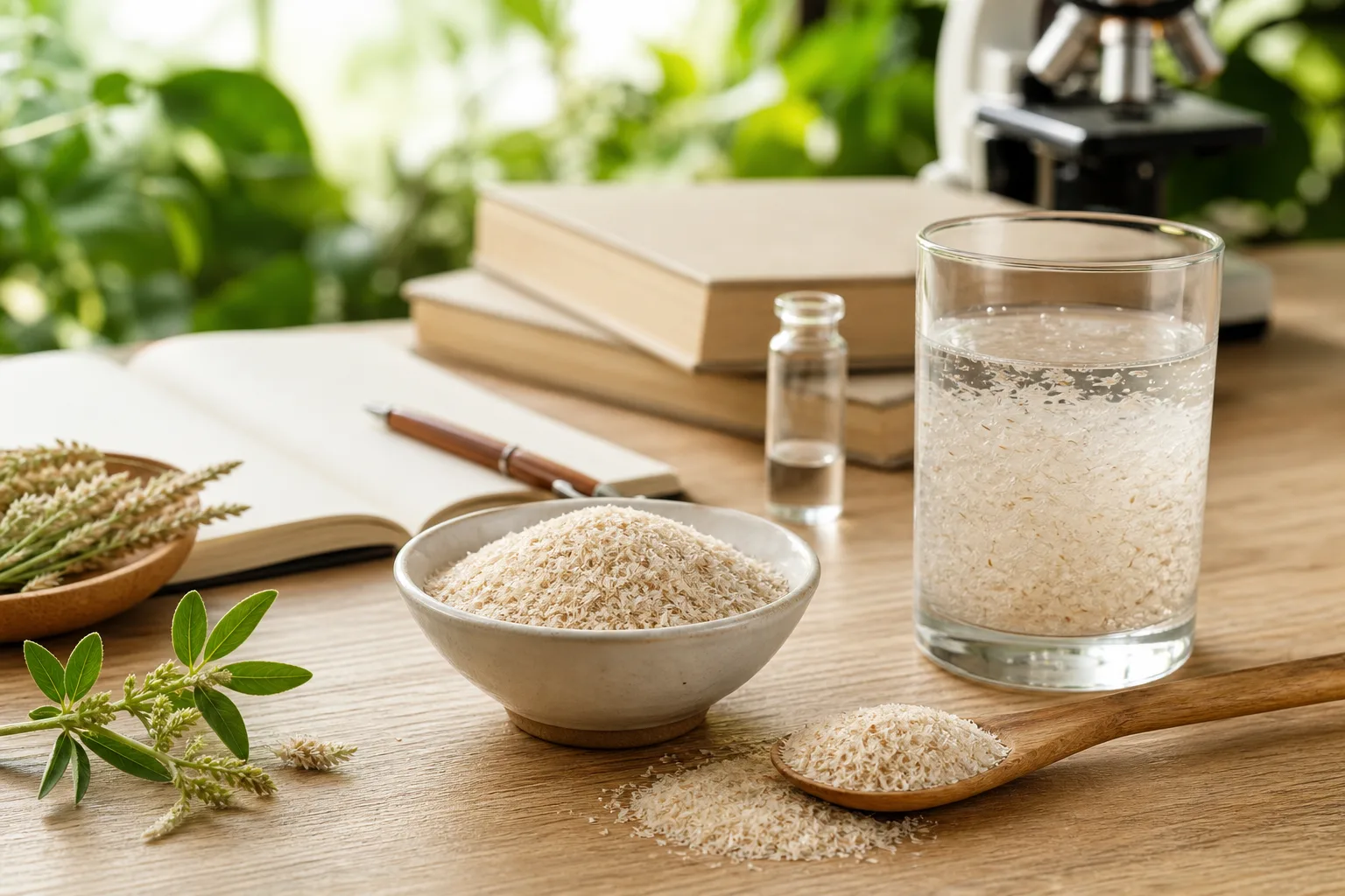 Cuillère de psyllium et verre d'eau évoquant l'apport en fibres solubles