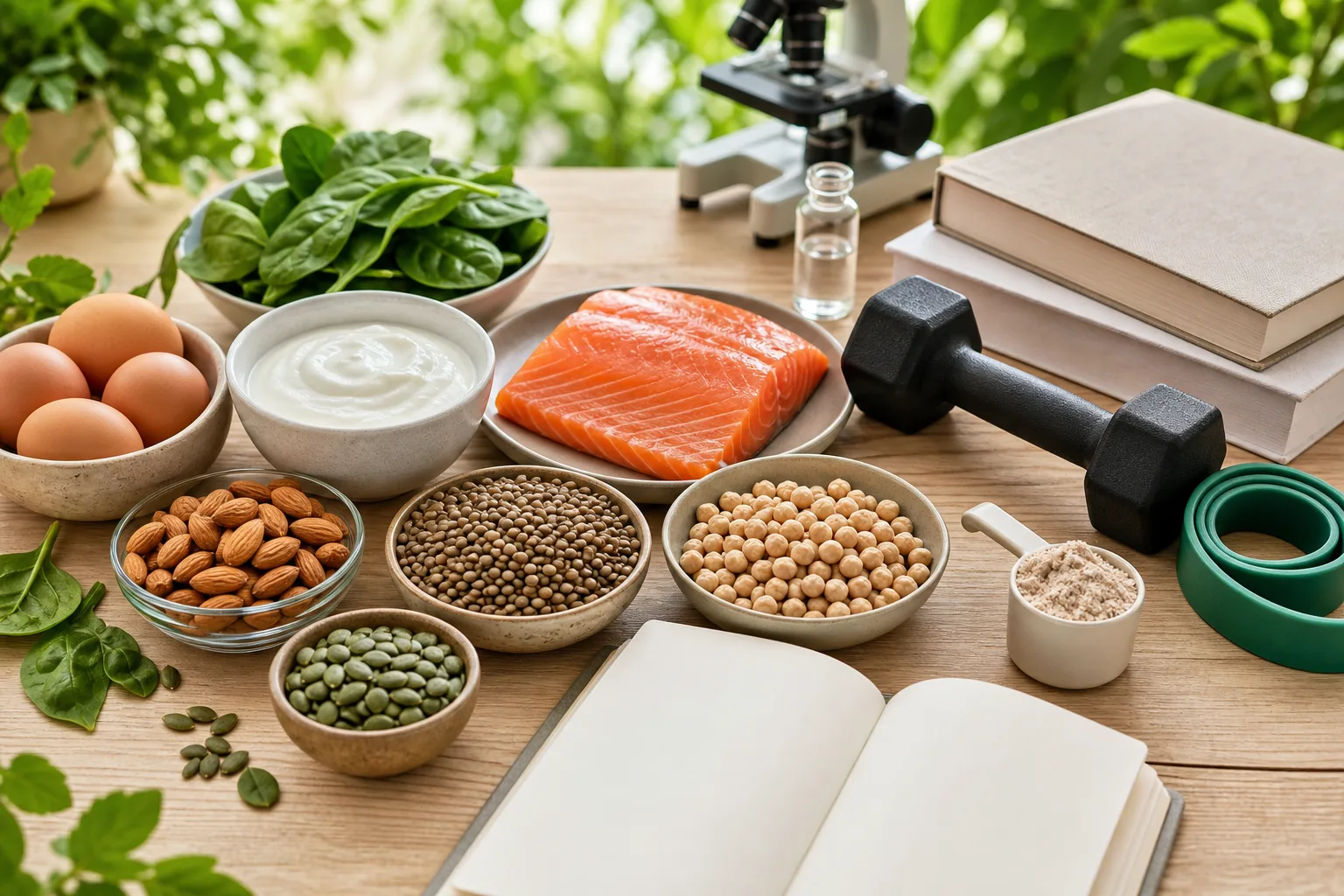 Haltères, œufs et produits laitiers évoquant le maintien musculaire après 50 ans