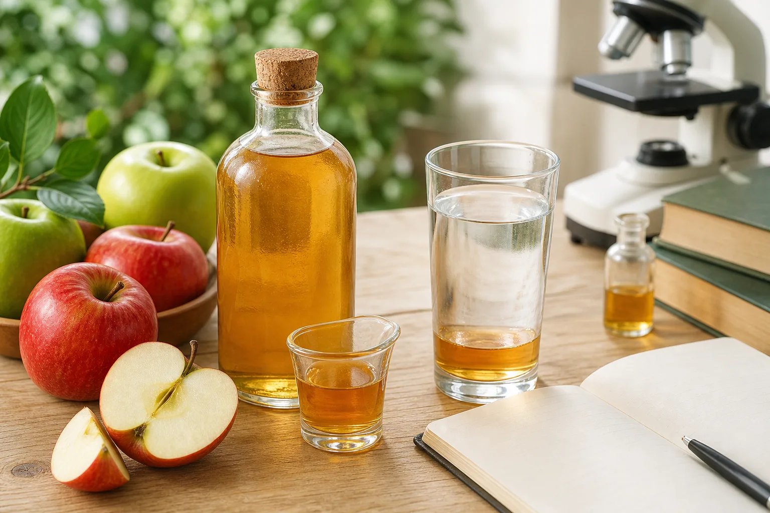 Bouteille de vinaigre de cidre et pommes fraîches sur fond naturel