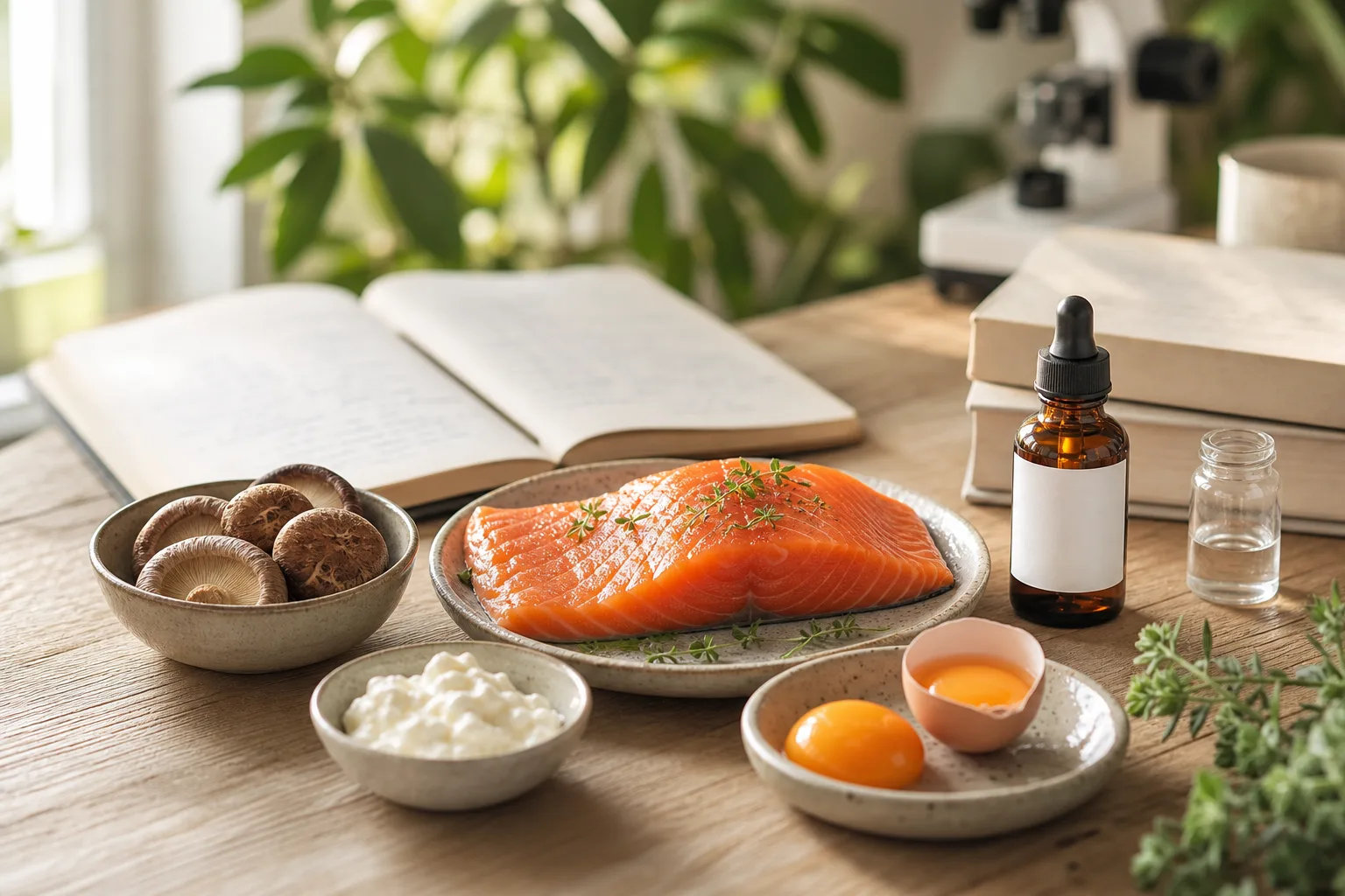 Poissons gras, œufs et lumière du matin évoquant la vitamine D en hiver