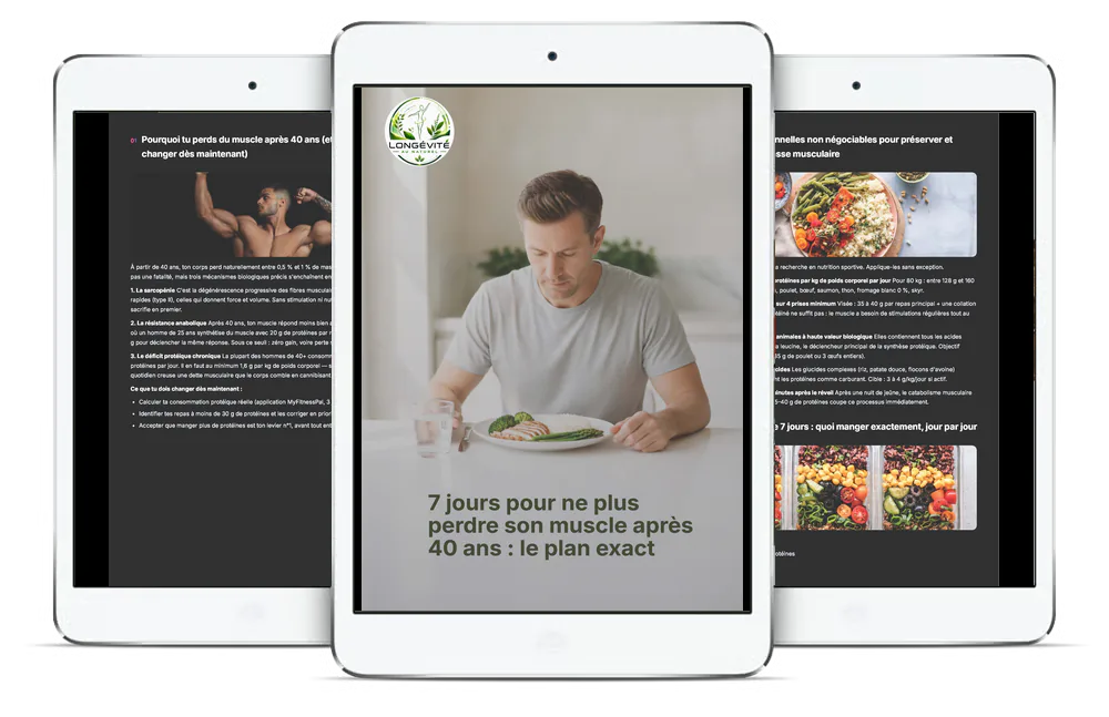 Aperçu du guide 7 jours pour ne plus perdre son muscle après 40 ans : le plan exact sur plusieurs écrans