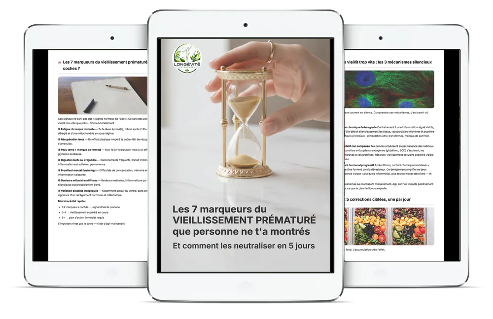 Aperçu du guide Les 7 marqueurs du vieillissement prématuré que personne ne t’a montrés : Et comment les neutraliser en 5 jours sur plusieurs écrans