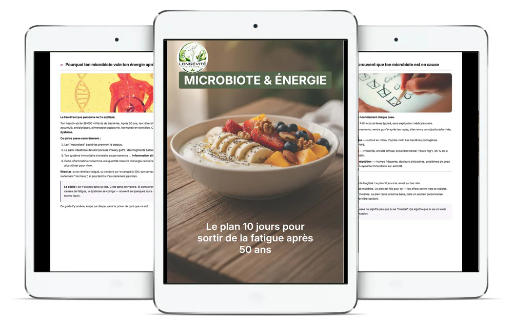 Aperçu du guide Microbiote & Énergie : Le plan 10 jours pour sortir de la fatigue après 50 ans sur plusieurs écrans