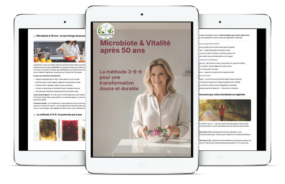 Aperçu du guide Microbiote & Vitalité après 50 ans : La méthode 3-6-9 pour une transformation douce et durable sur plusieurs écrans
