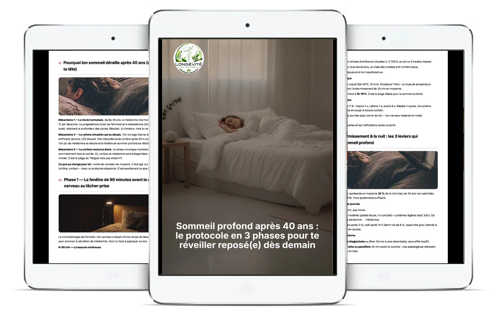 Aperçu du guide Sommeil profond après 40 ans : le protocole en 3 phases pour te réveiller reposé(e) dès demain sur plusieurs écrans