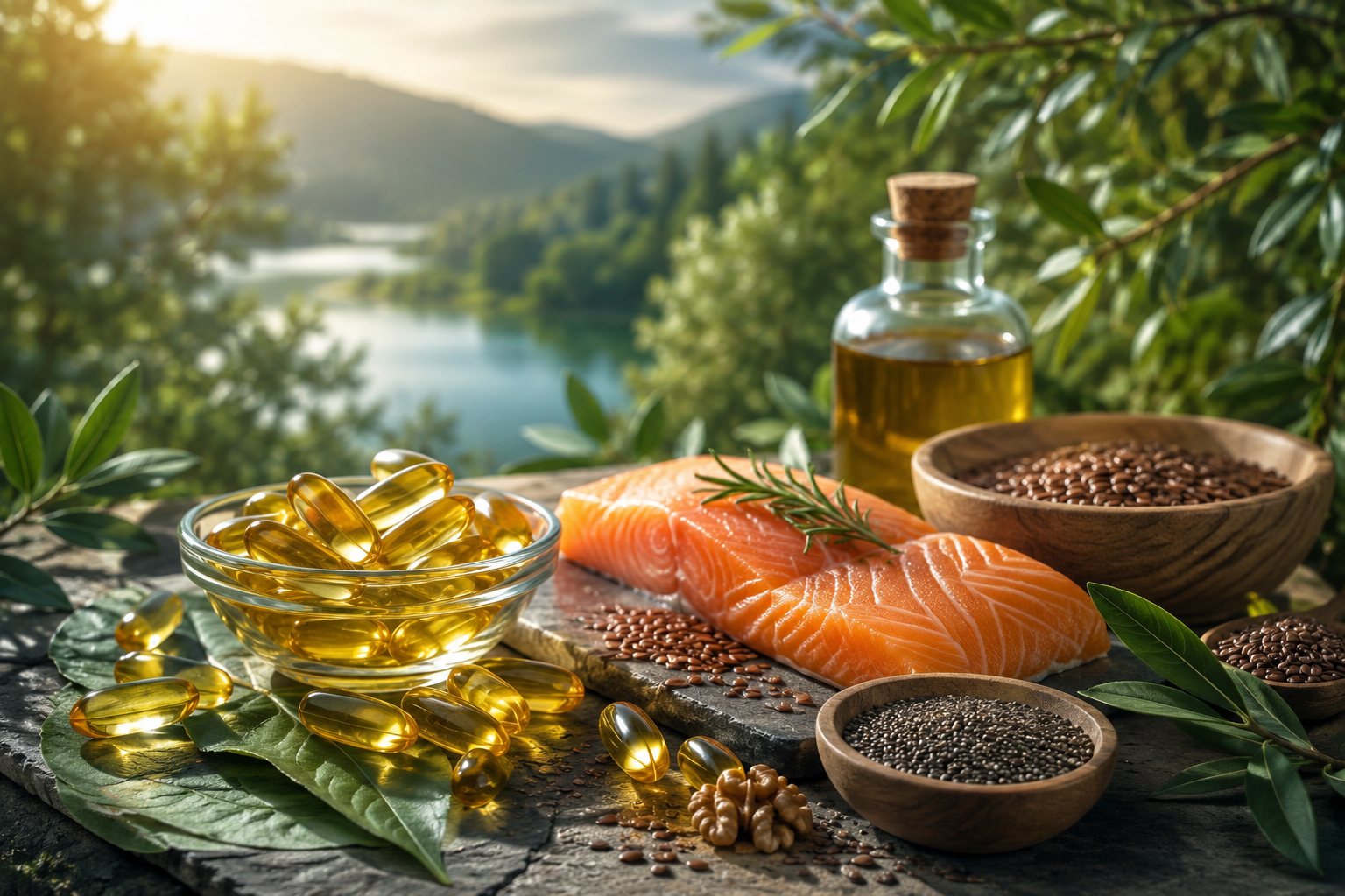 Poissons gras, capsules d'oméga-3 et huiles naturelles évoquant le vieillissement en bonne santé