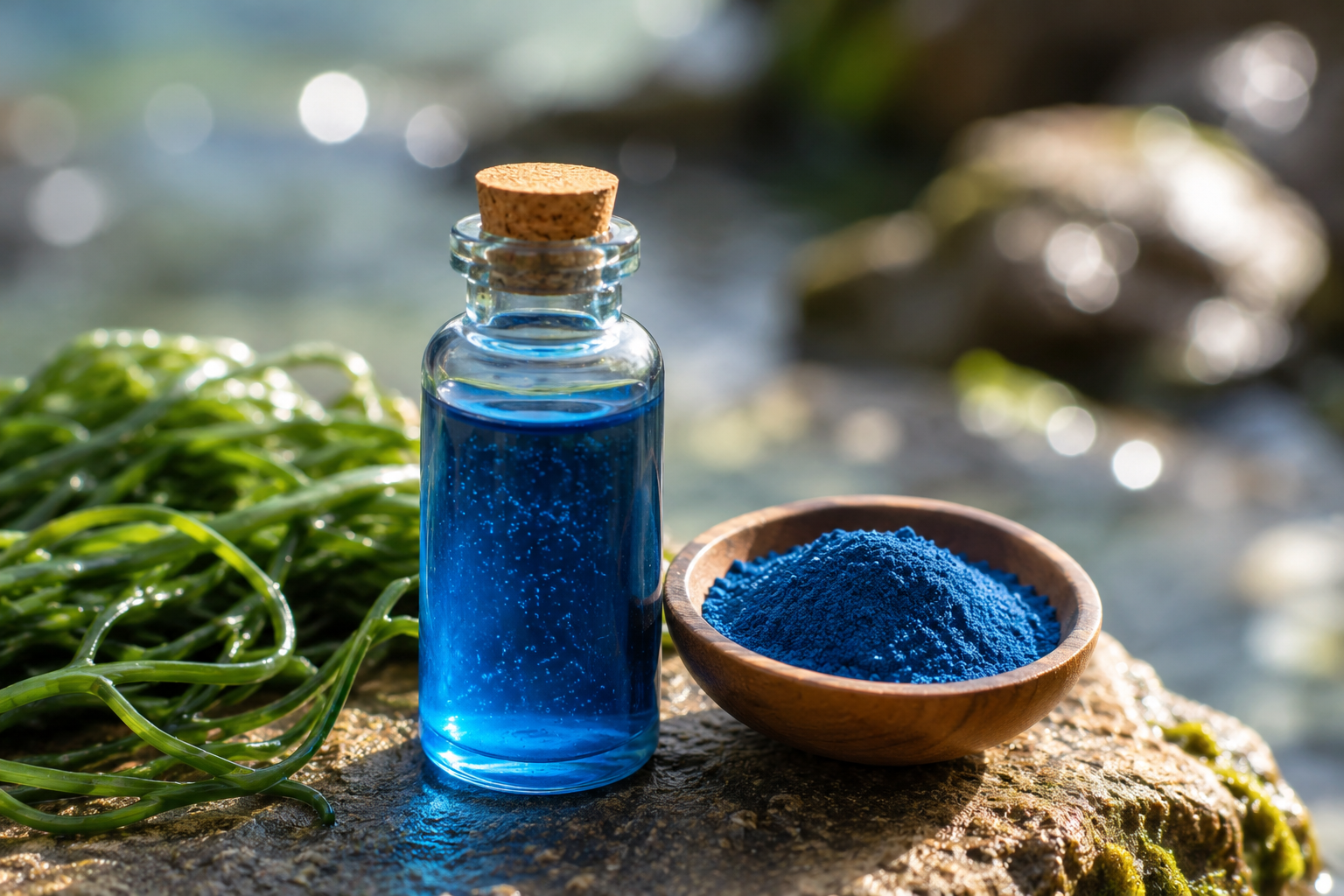 Phycocyanine liquide bleue issue de spiruline dans un environnement naturel